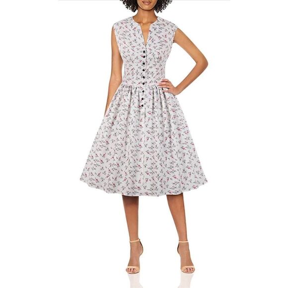 Vintage style Womens Sleeveless Button Front Shirred Dress White Floral Sz L - Picture 1 of 9